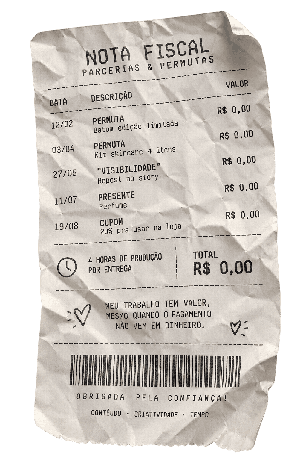 Nota fiscal fictícia de permutas: batom, kit skincare, repost, perfume e cupom — tudo R$ 0,00